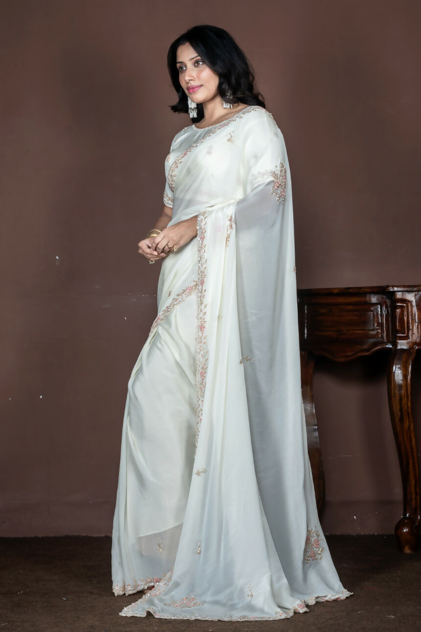 Morchari Off White Chiffon Hand Embroidery Saree And Stitched Blouse | Grocsy