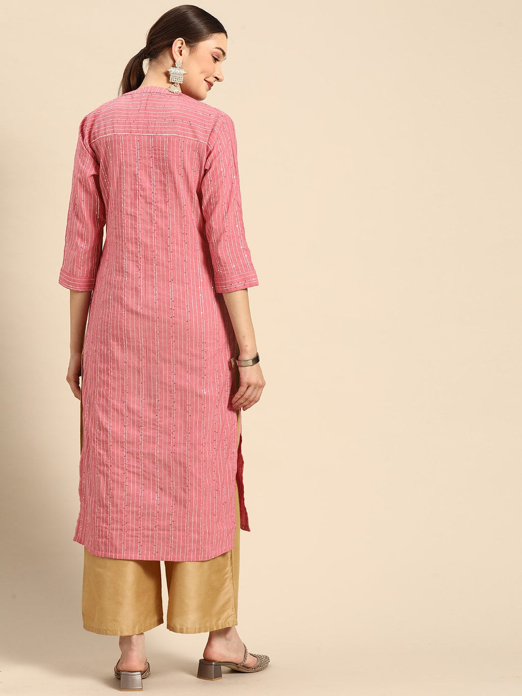 Sangria Women Peach-Coloured & White Striped Mandarin Collar Kurta | Grocsy