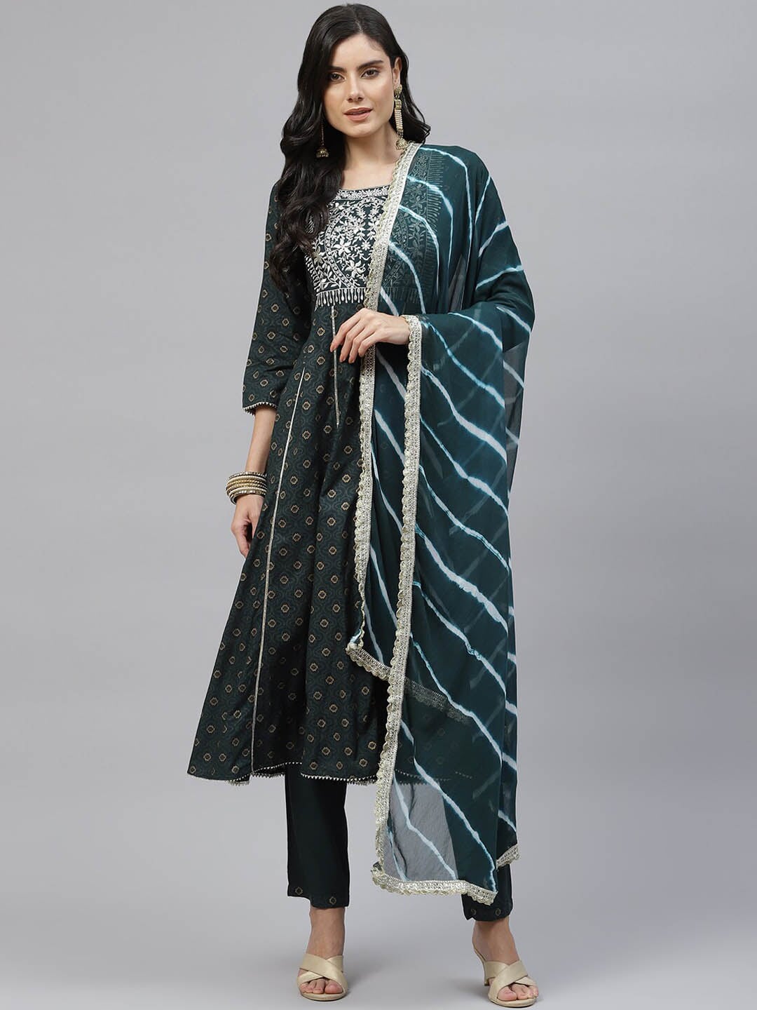 HERE&NOW Women Green Floral Embroidered Empire Kurta with Trousers & With Dupatta | Grocsy