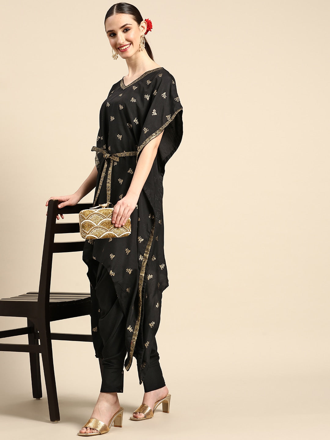 Sangria Women Black & Golden Ethnic Motifs Printed Kurta with Harem Pants | Grocsy
