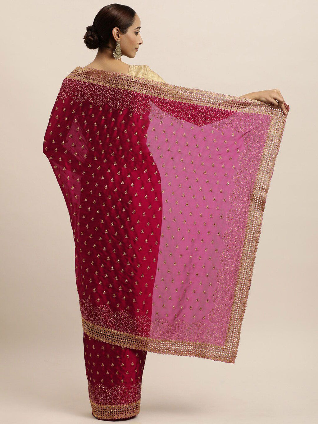 kasee Red & Gold-Toned Floral Embroidered Art Silk Saree | Grocsy