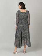 Souchii Women Grey & Black Ethnic Motifs Chiffon A-Line Midi Dress | Grocsy
