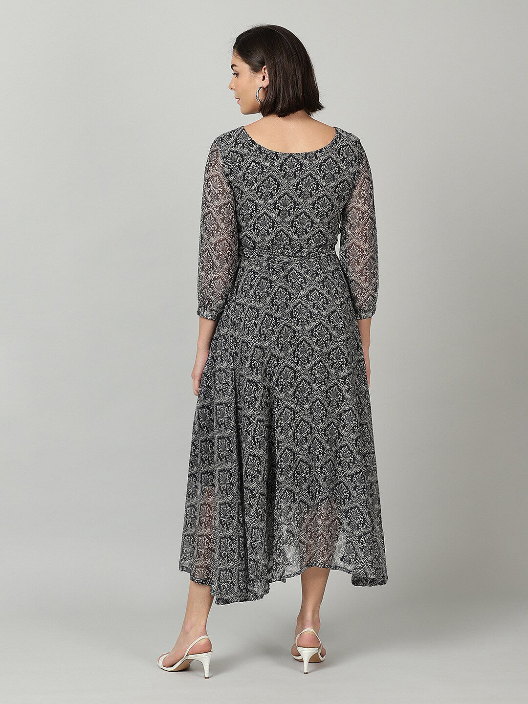 Souchii Women Grey & Black Ethnic Motifs Chiffon A-Line Midi Dress | Grocsy
