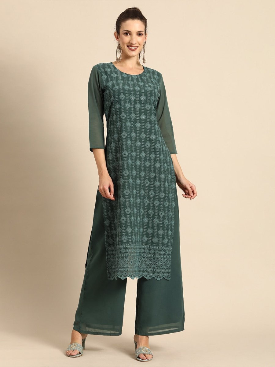 All About You Women Green Ethnic Motifs Embroidered Regular Chikankari Kurta with Palazzos | Grocsy