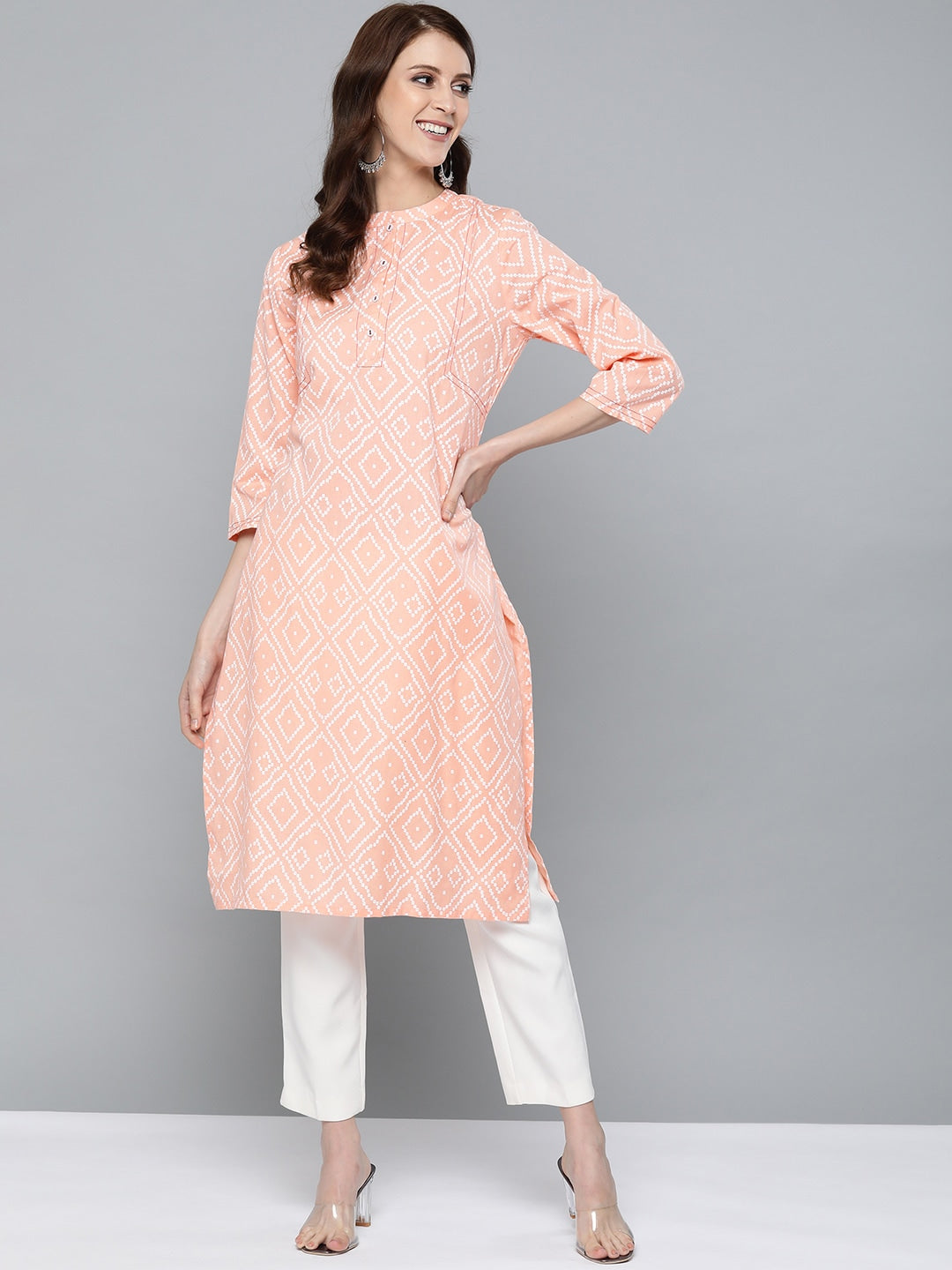 HERE&NOW Women Peach-Coloured & White Bandhani Print Straight Kurta | Grocsy