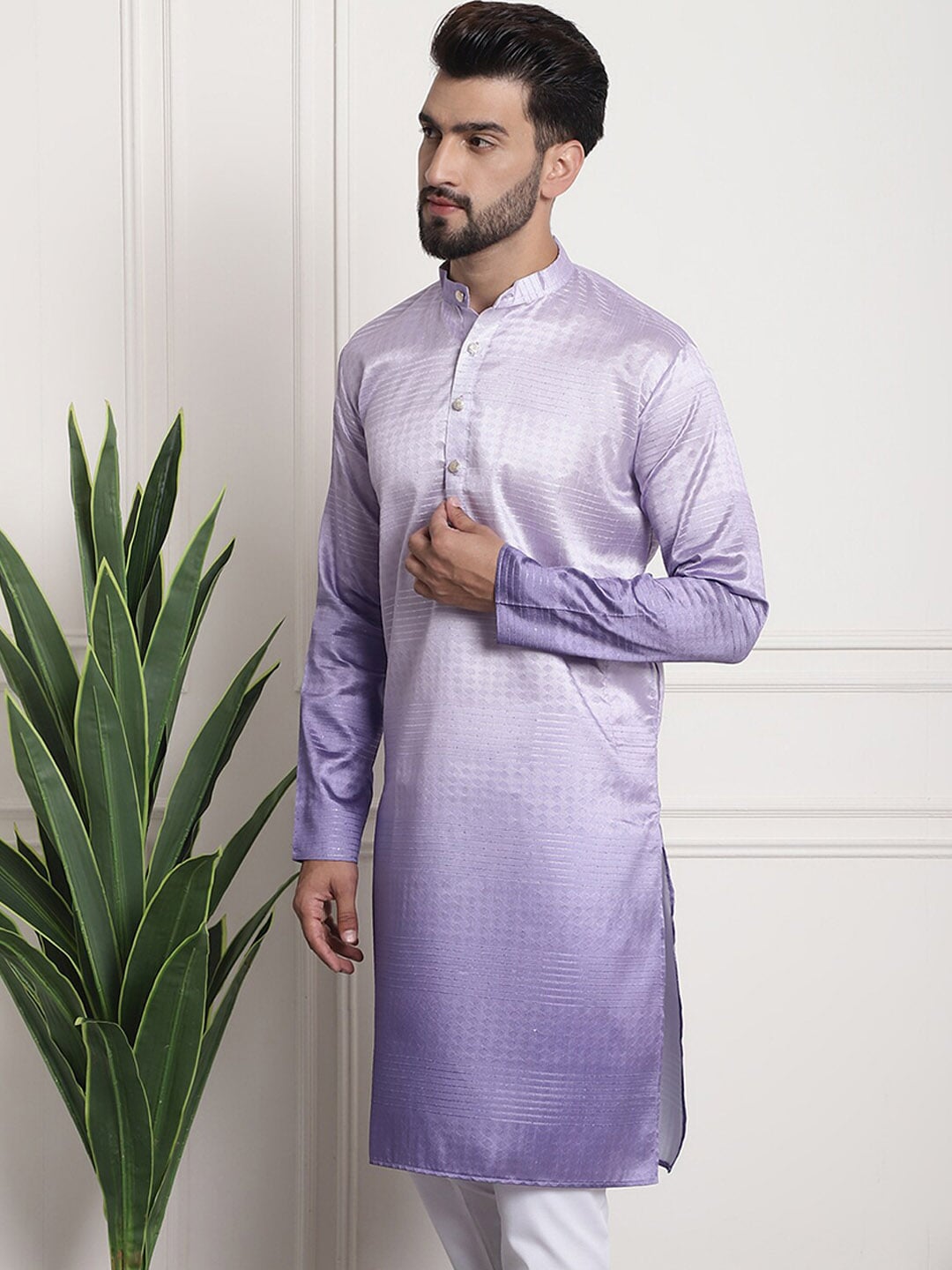 Sojanya Woven Design Mandarin Collar Silk Cotton Kurta | Grocsy