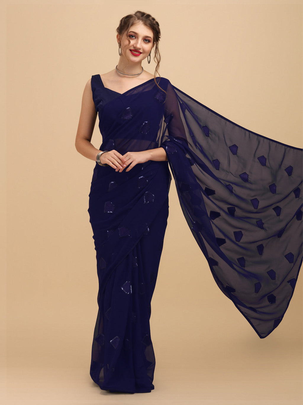 Sangria Navy Blue Sequinned Pure Georgette Saree | Grocsy