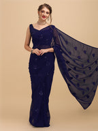 Sangria Navy Blue Sequinned Pure Georgette Saree | Grocsy