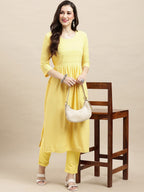Sangria Yellow Ethnic Motifs Embroidered Chikankari A-Line Kurta | Grocsy