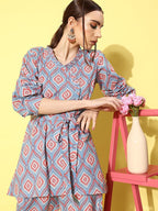 InWeave Women's Blue Pink Ogee Print Belted Coord Set | Grocsy