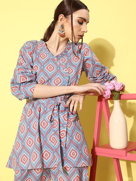 InWeave Women's Blue Pink Ogee Print Belted Coord Set | Grocsy