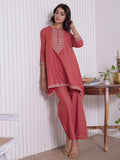 HERE&NOW Embroidered Ethnic Motifs Printed Mirror Work Asymmetric Kurti with Palazzos | Grocsy