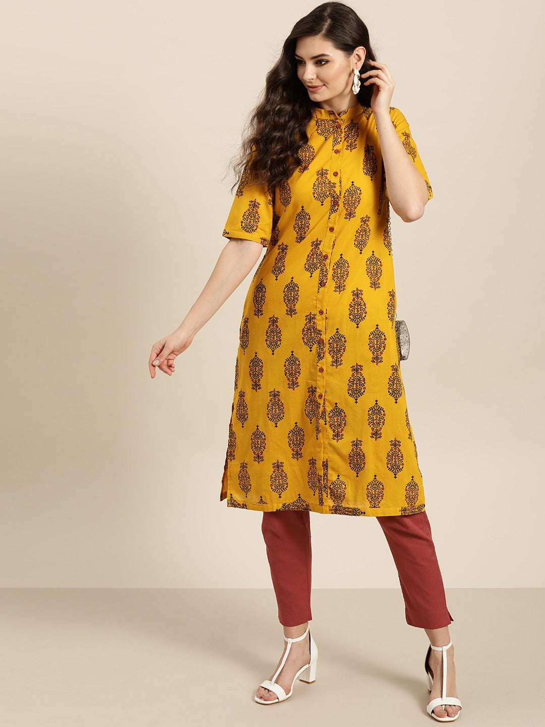Sangria Women Mustard Yellow & Black Ethnic Motif Printed Kurta with Trousers | Grocsy
