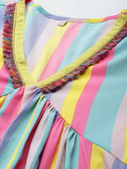 Ahalyaa Women Neon Green & Blue Candy Striped Kurta with Palazzos | Grocsy