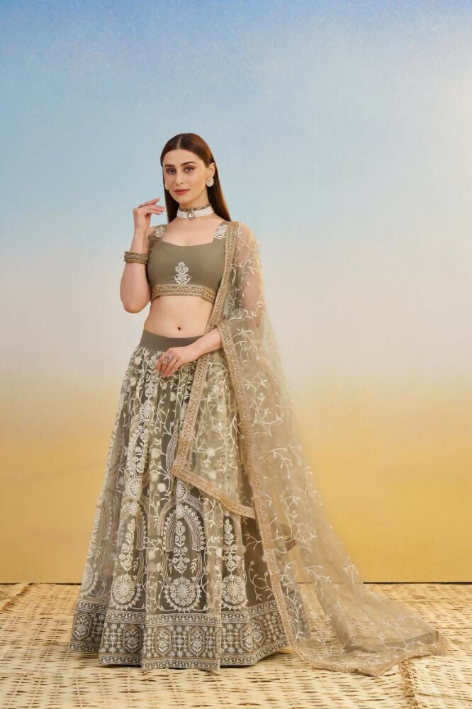 Aastha Fashion Ivory Butterfly Net White Cotton Thread Work And Sequence Work Embroidery Wedding Wear Lehenga Choli | Grocsy