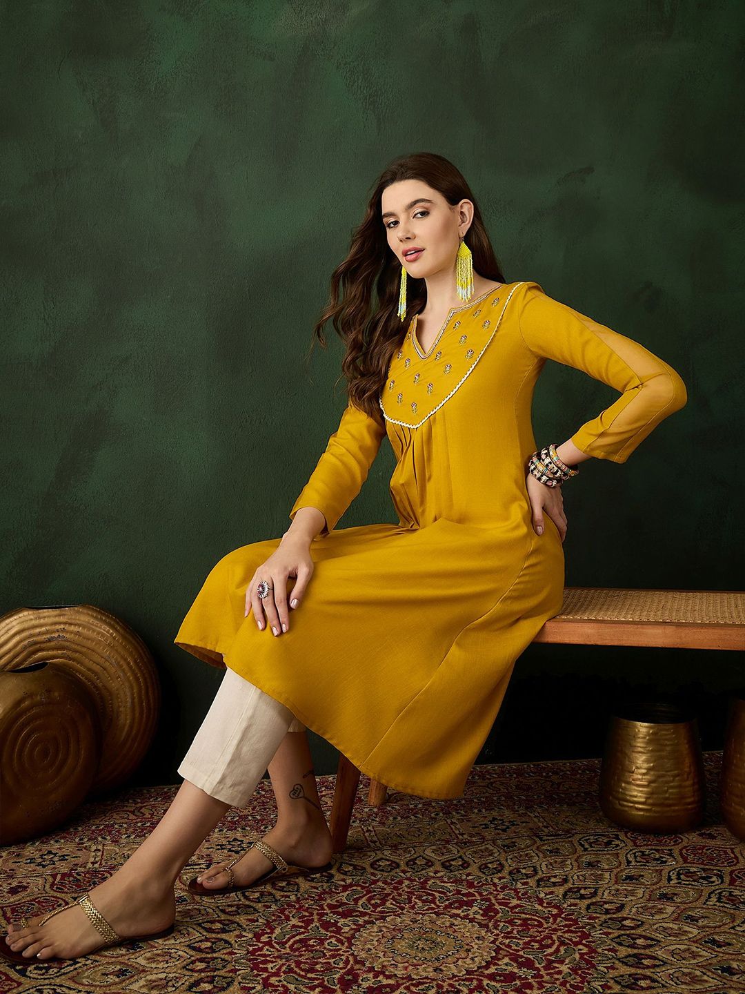 Sangria Floral Embroidered Thread Work Cotton A-Line Kurta | Grocsy