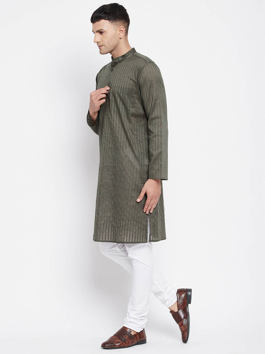 Even Apparels Green Men's Pure Cotton Kurta With Band Collar | Grocsy