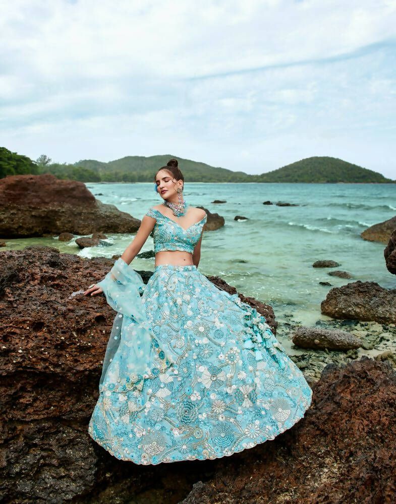 House of Panchhi Sky Blue Organza Sequins, Zarkan And Thread Embroidery Lehenga Choli & Dupatta | Grocsy