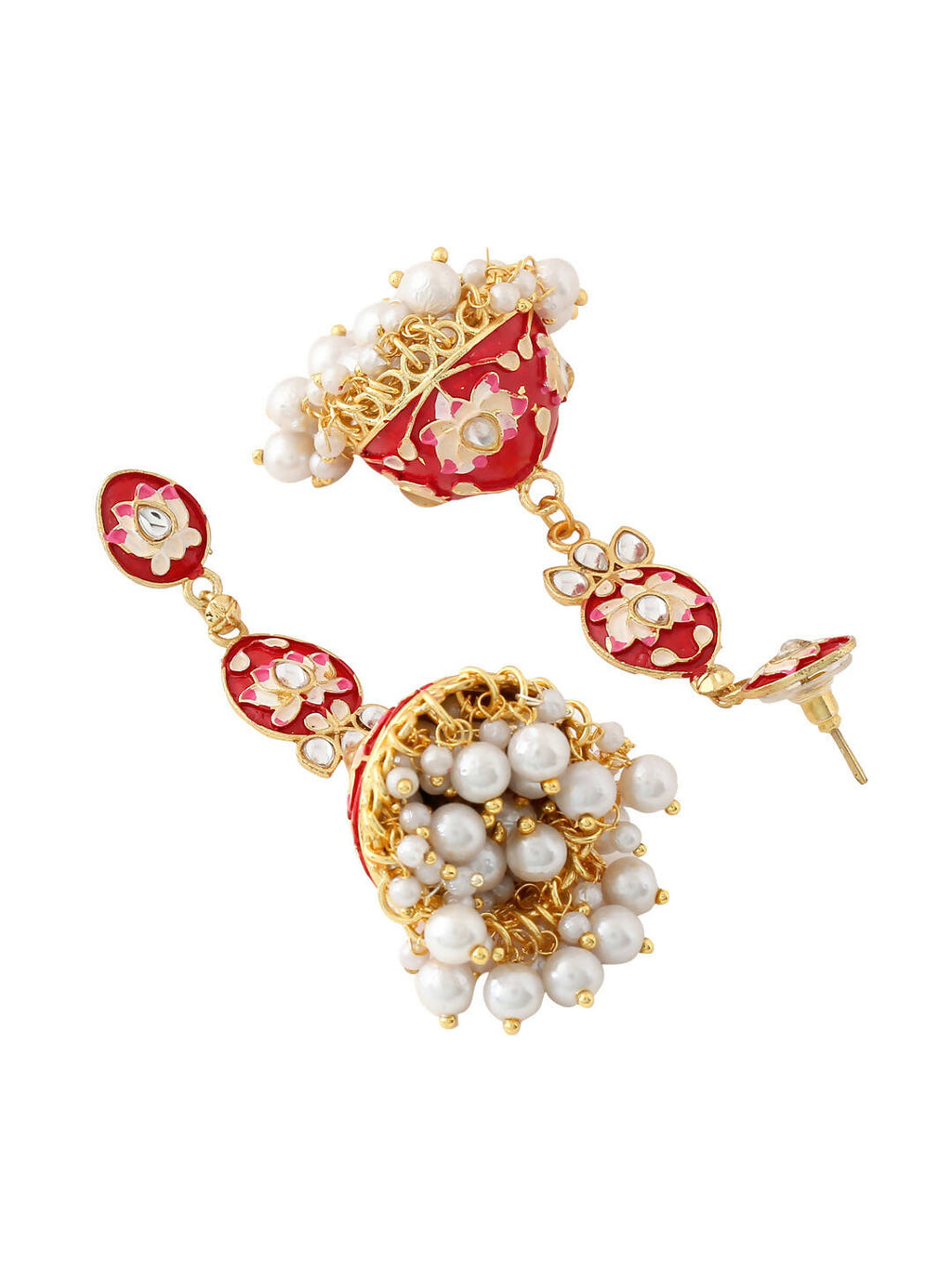 NVR Women Gold-Polished Red Kundan Jhumkas Earrings | Grocsy