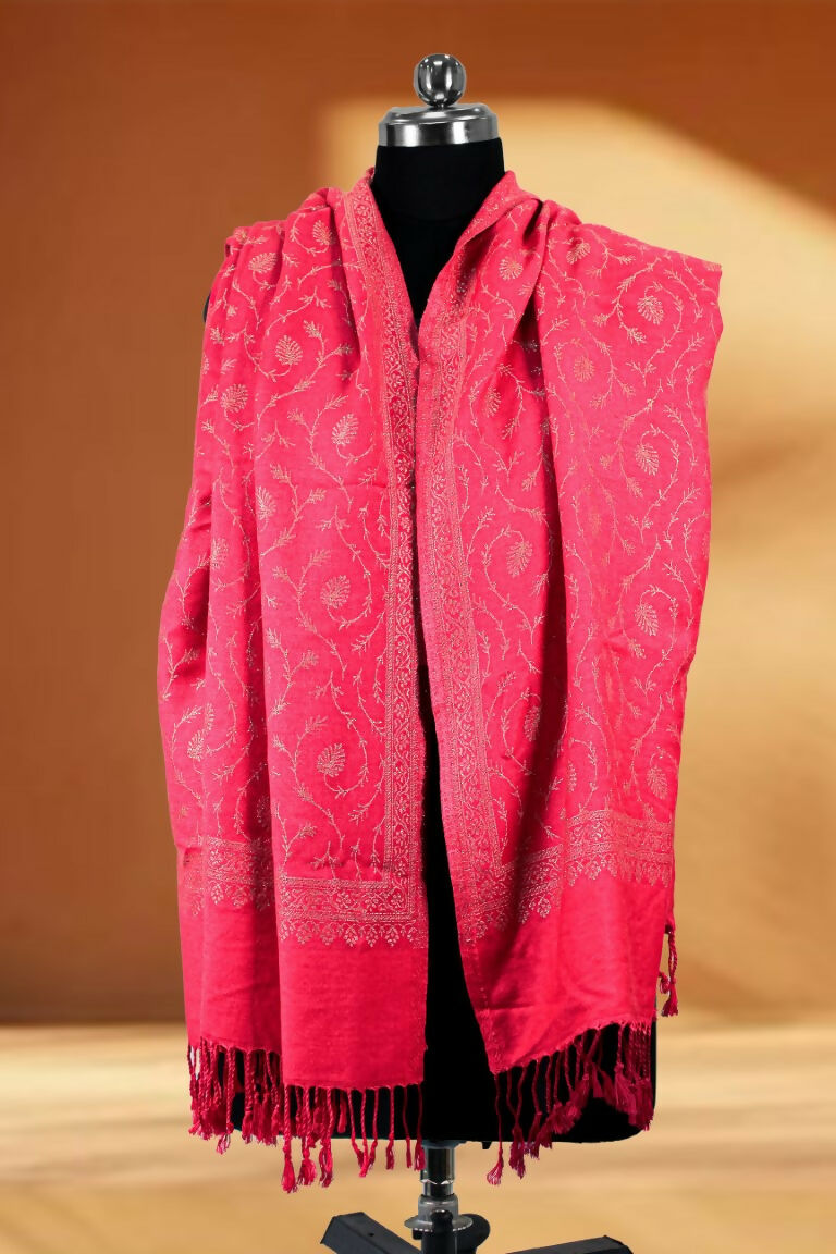 Weaving Mystery Handloom Pashmina Shawl-Kaani Zari - Pink | Grocsy