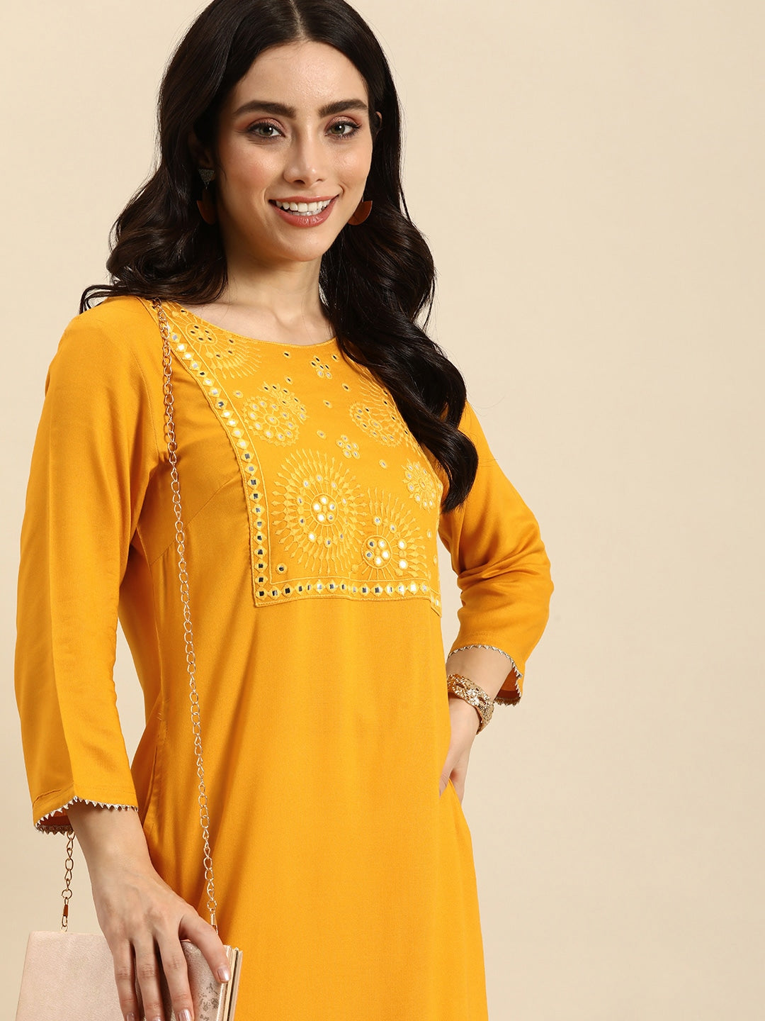 Sangria Women Ethnic Motifs Yoke Design Mirror Work Kurta | Grocsy