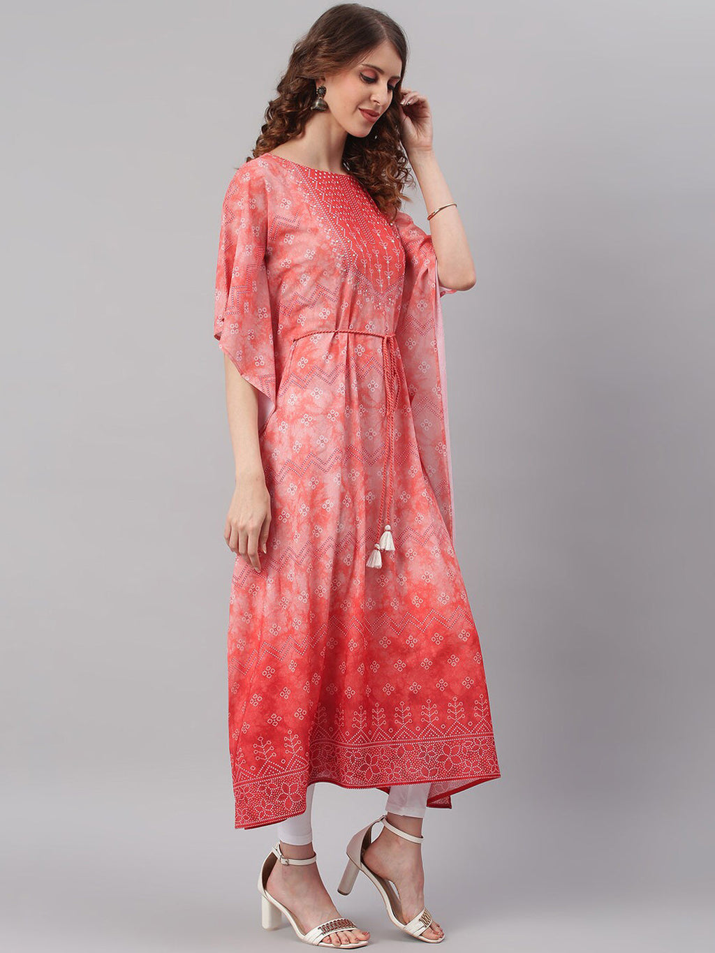 Janasya Women Peach-Coloured Ethnic Motifs Dyed Thread Work Georgette Kaftan Kurta | Grocsy