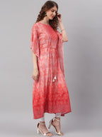 Janasya Women Peach-Coloured Ethnic Motifs Dyed Thread Work Georgette Kaftan Kurta | Grocsy