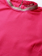 Sangria Women Pink & Orange Solid Thread Work Kurta with Palazzos | Grocsy
