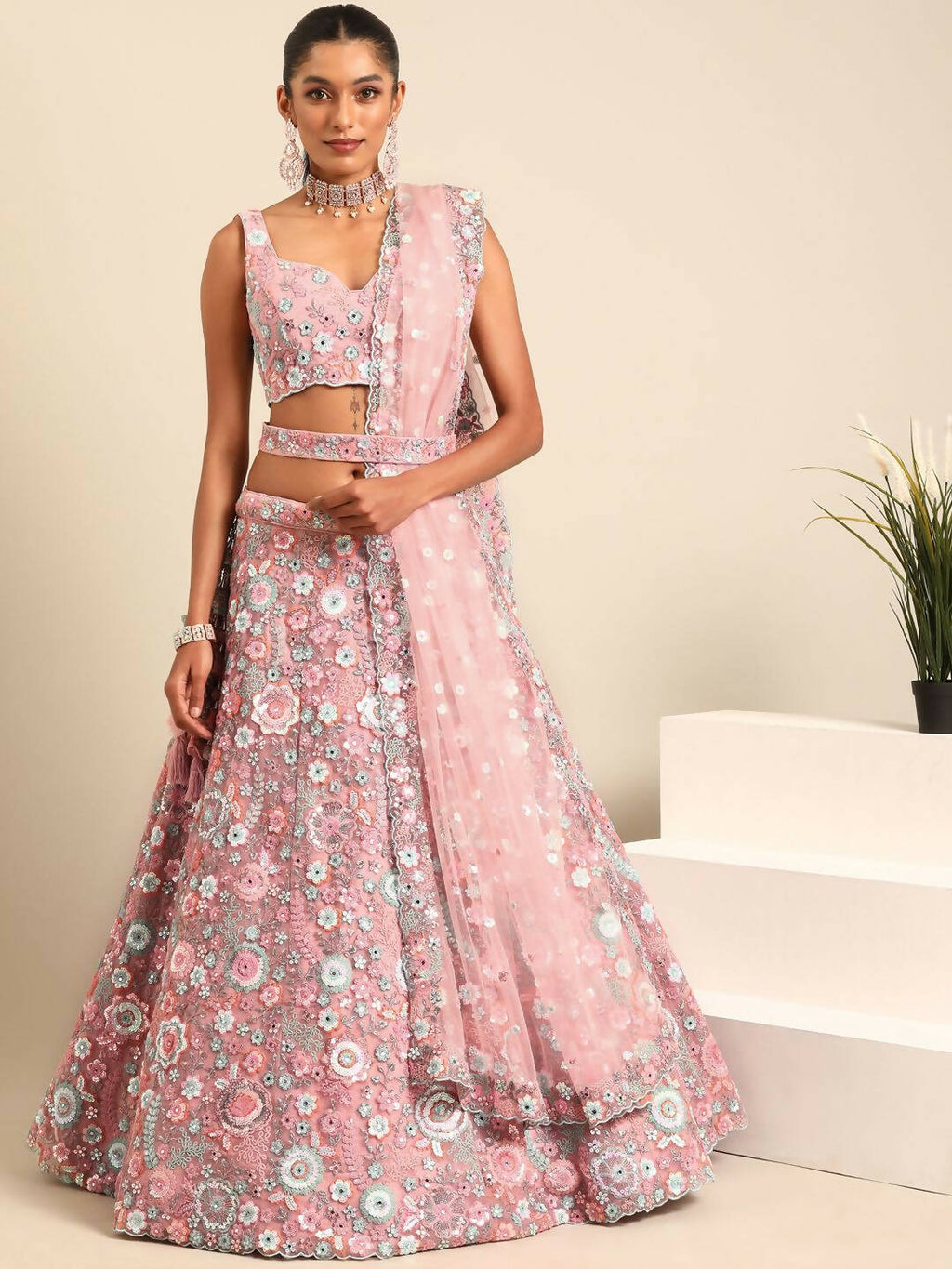 House of Panchhi Pink Net Sequins, Mirror and thread embroidery Lehenga choli & Dupatta | Grocsy