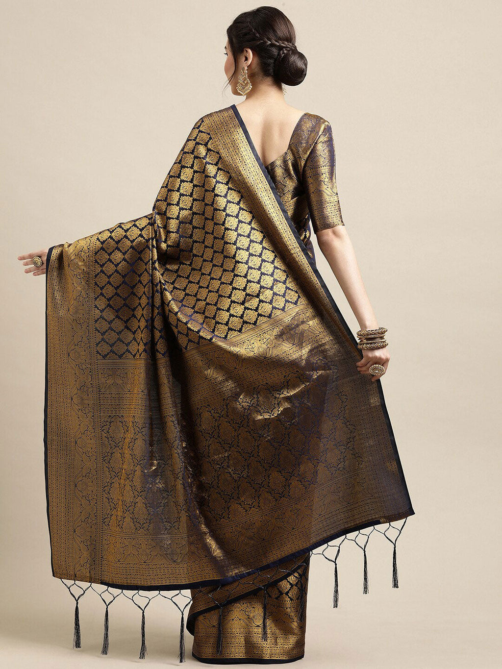 Saree Mall Navy Blue & Gold-Toned Ethnic Motifs Zari Silk Blend Banarasi Saree | Grocsy