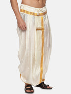 Sethukrishna Men Cream-Coloured & Gold-Coloured Solid Art Silk Dhoti Pants | Grocsy