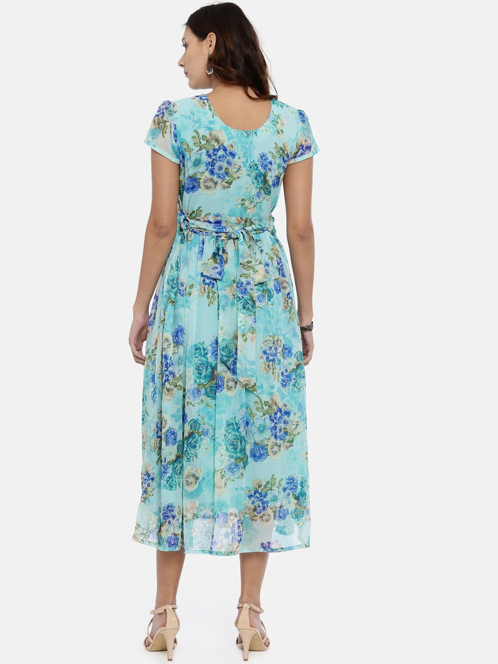 Souchii Sea Green & Blue Floral Printed A-Line Dress | Grocsy