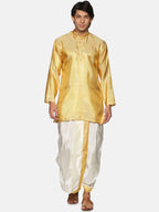 Sethukrishna Men Gold-Toned & White Kurta with Dhoti Pants | Grocsy
