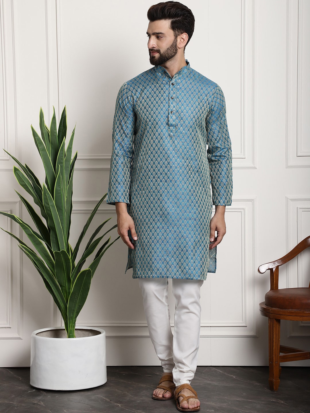 Sojanya Woven Design Mandarin Collar Kurta with Churidar & Nehru Jacket | Grocsy