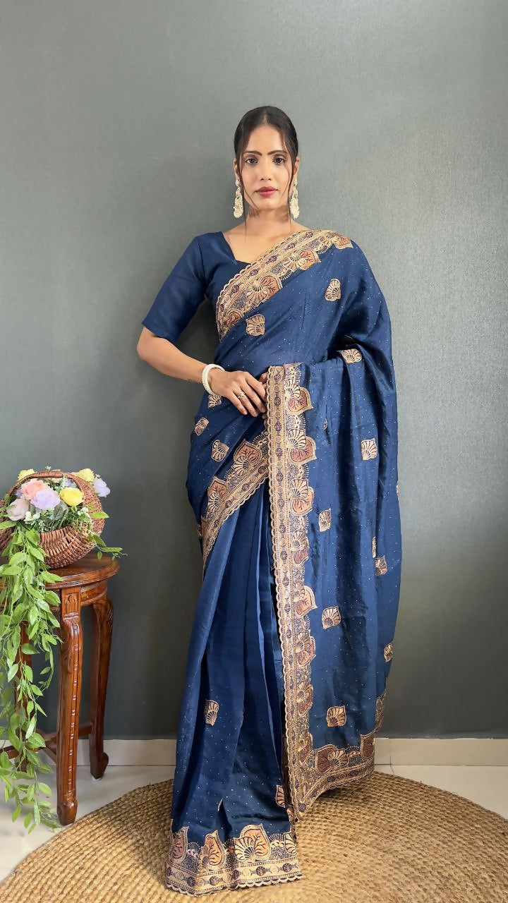 Vastranavya Blue Vichitra Silk Zari with Swarovski Work Ready to Wear Saree | Grocsy