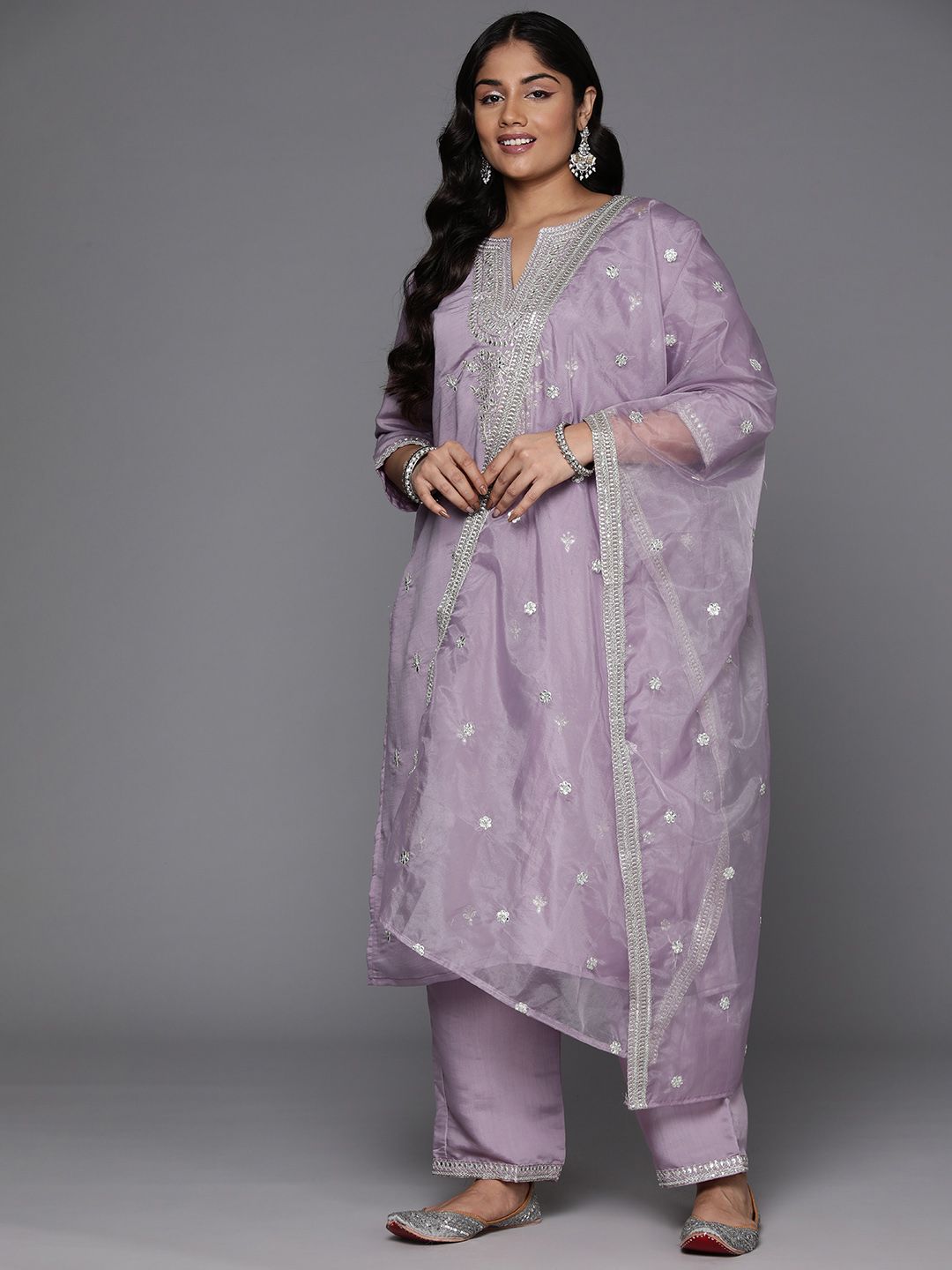 Indo Era Plus Size Embroidered Regular Sequinned Kurta with Trousers & With Dupatta | Grocsy