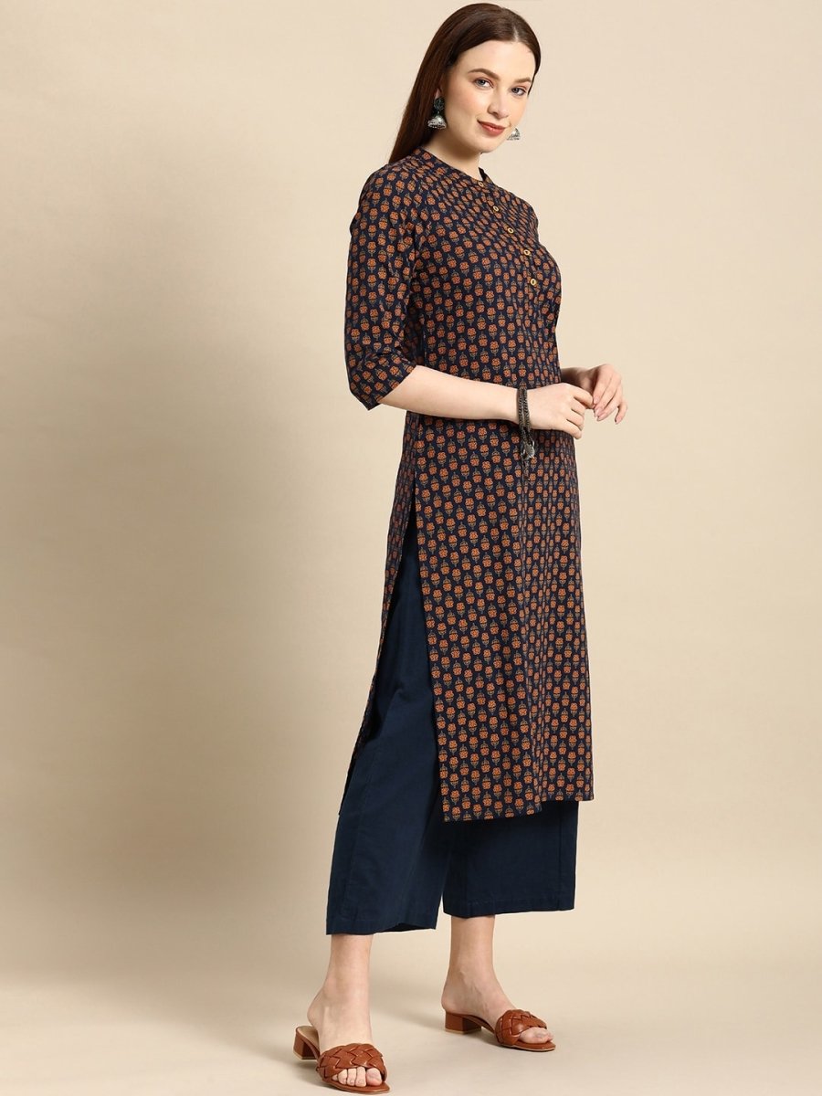 All About You Women Navy Blue & Gold-Toned Ethnic Motifs Printed Regular Kurta | Grocsy