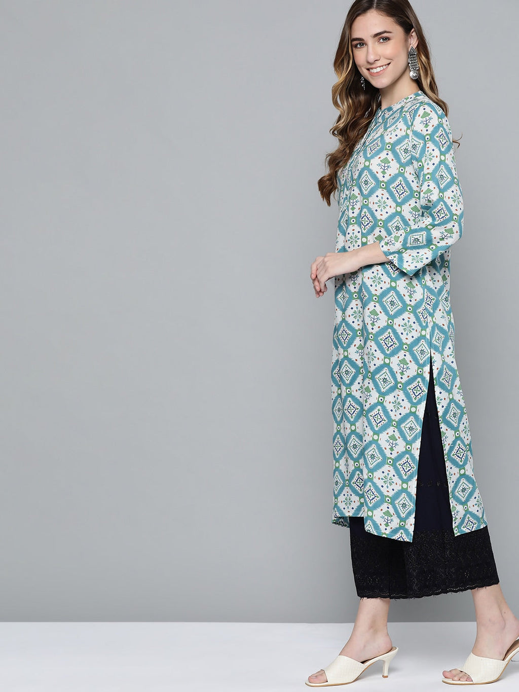 HERE&NOW Women Blue & White Ethnic Motifs Print Kurta | Grocsy