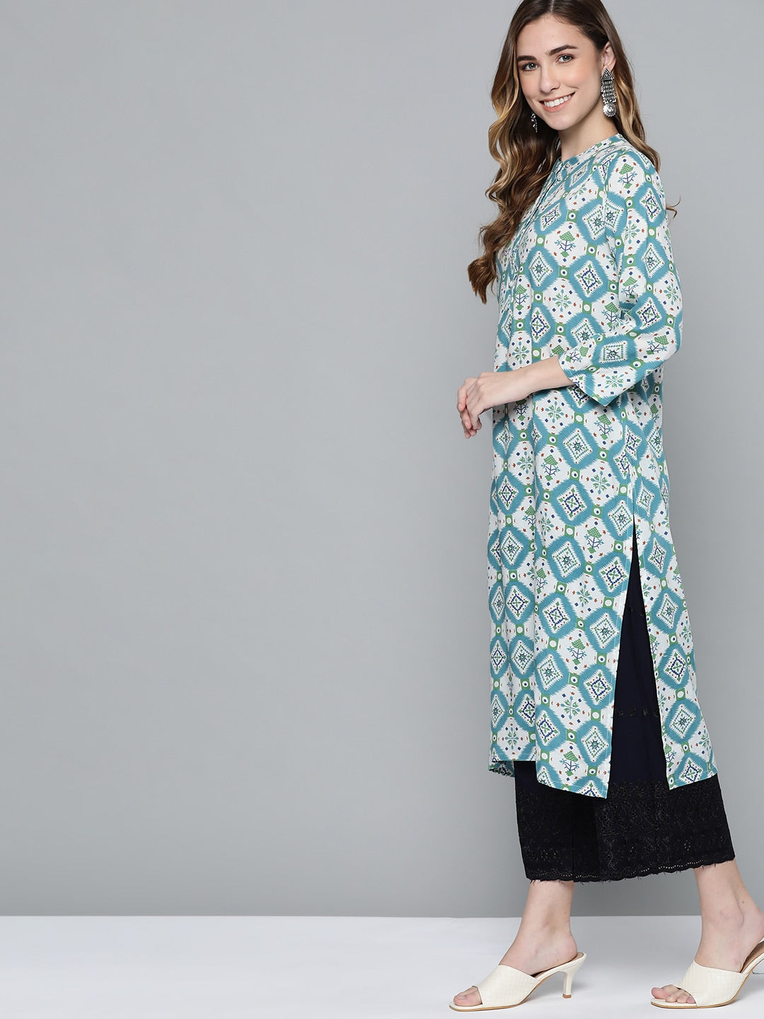 HERE&NOW Women Blue & White Ethnic Motifs Print Kurta | Grocsy