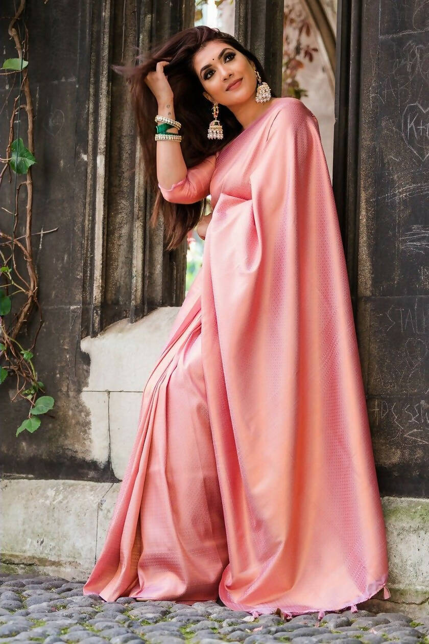 DEIANA'S Beautiful Designer Golden zari Soft Lichi Silk Saree - Light Pink | Grocsy