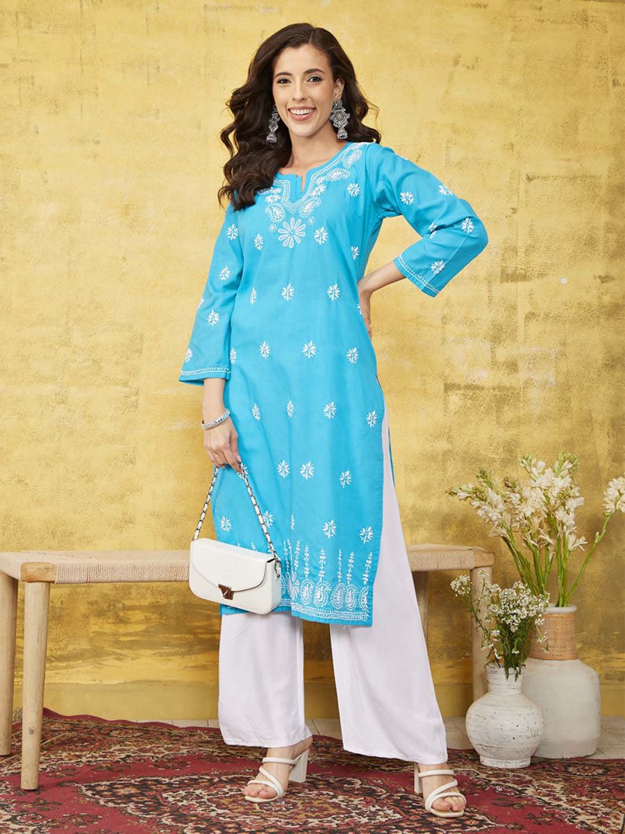 ADA Floral Lucknowi Chikankari Straight Kurta | Grocsy