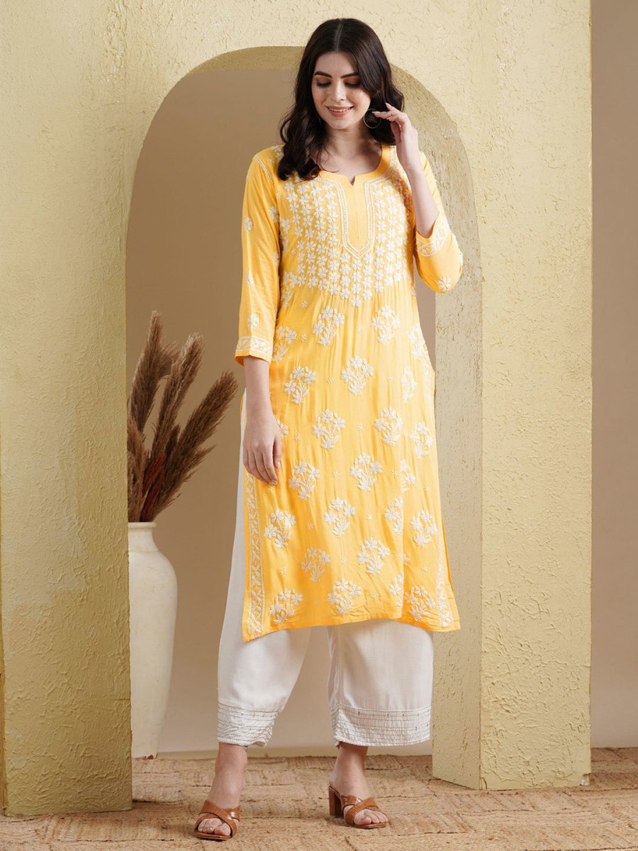 ADA Floral Lucknowi Chikankari Straight Kurta | Grocsy
