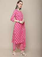 Sangria Women Floral Printed Mirror Work Pure Cotton Kurti with Trousers & Dupatta | Grocsy