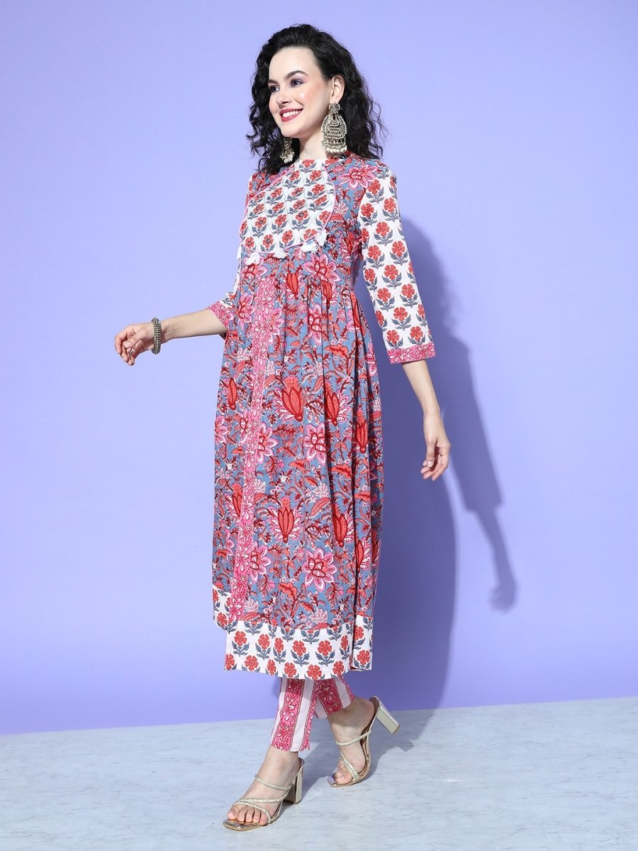 All About You Floral Printed Mirror Work Pure Cotton Kurta With Trousers & Dupatta | Grocsy