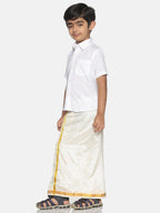Sethukrishna Boys White & Gold Solid Pure Cotton Shirt & Veshti Set | Grocsy