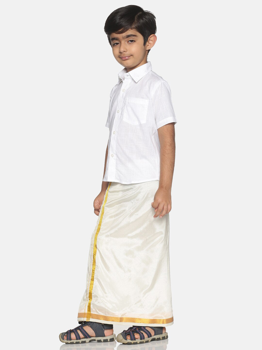 Sethukrishna Boys White & Gold Solid Pure Cotton Shirt & Veshti Set | Grocsy