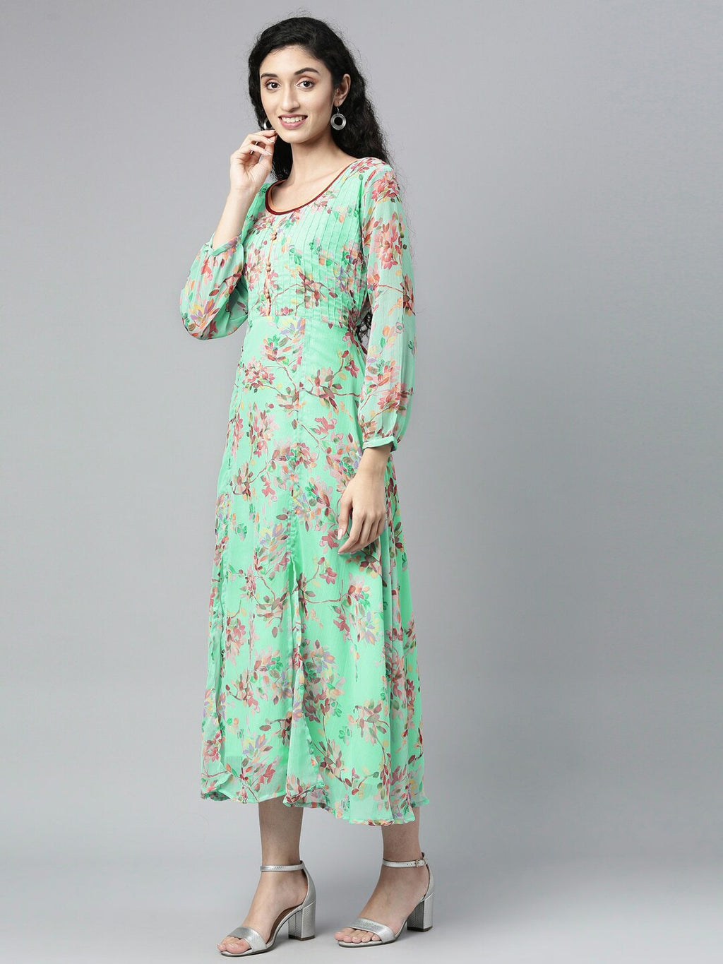 Souchii Sea Green Floral Chiffon Maxi Dress | Grocsy