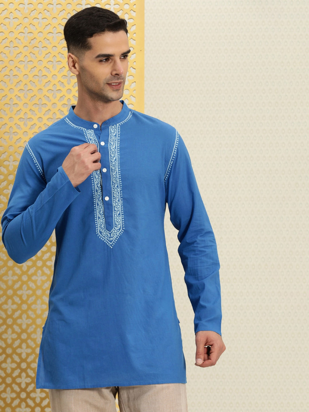 House of Pataudi Men Pure Cotton Solid Chikankari Jashn Short Kurta | Grocsy