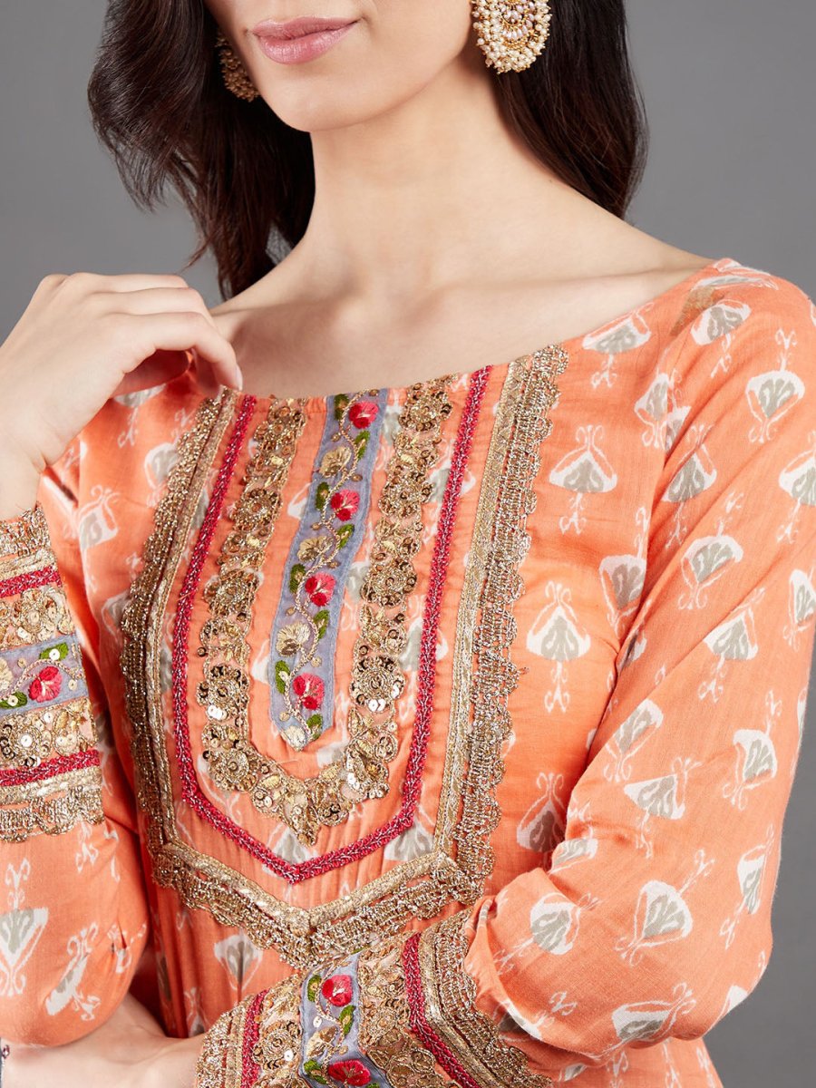 Aks Ethnic Motifs Printed Sequinned Pure Cotton A Line Kurta | Grocsy