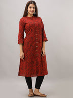 HERE&NOW Maroon Mandarin Collar Floral Straight A-Line Kurta | Grocsy